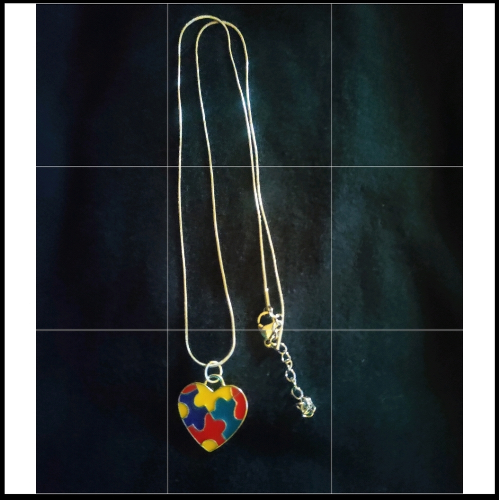🔥Colorful Silver Autism Puzzle Heart Pendant on 18" Silver SnakeChain